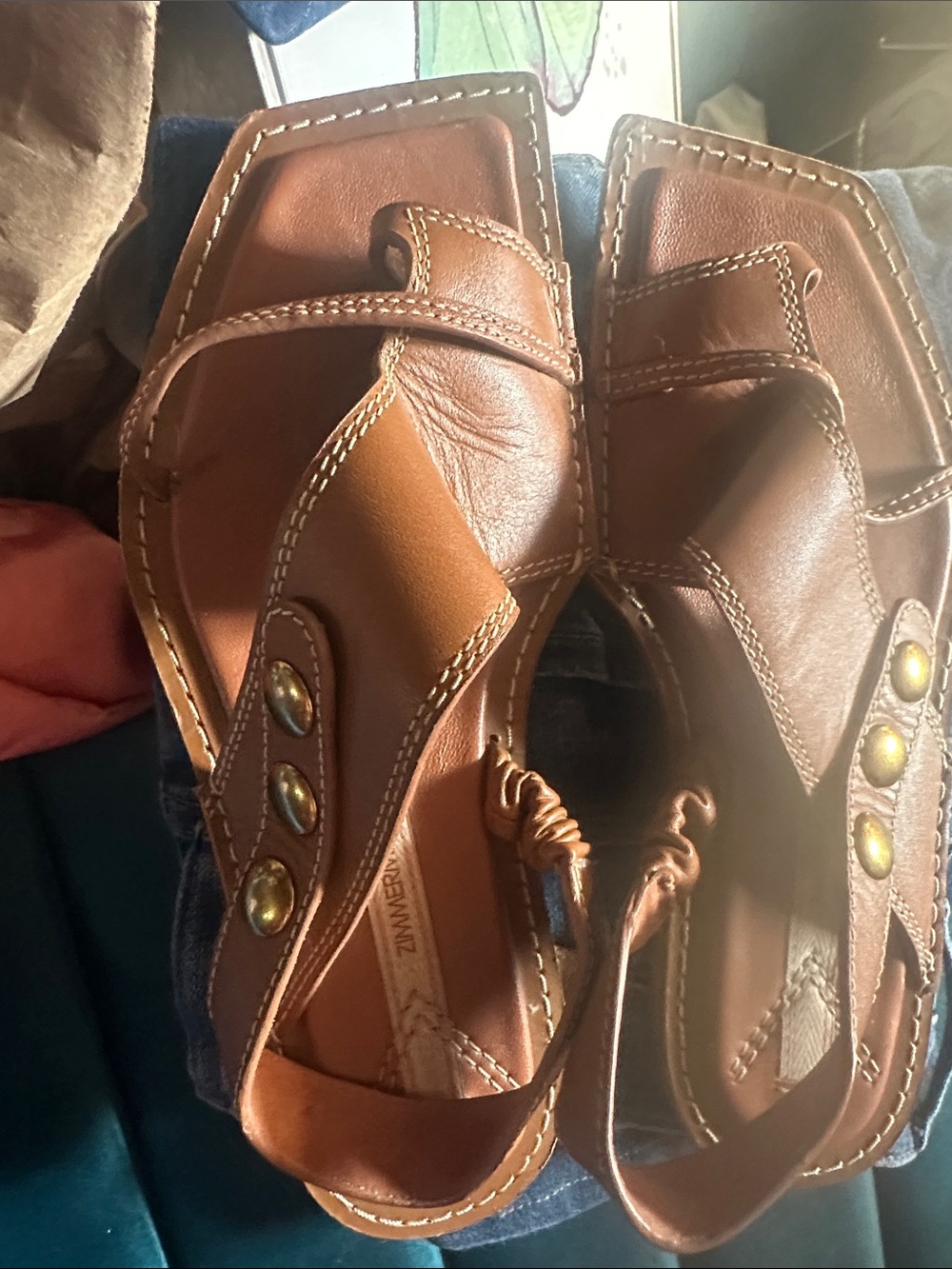 Zimmermann Tan Leather Square-Toe Sandals with Contrast Stitching